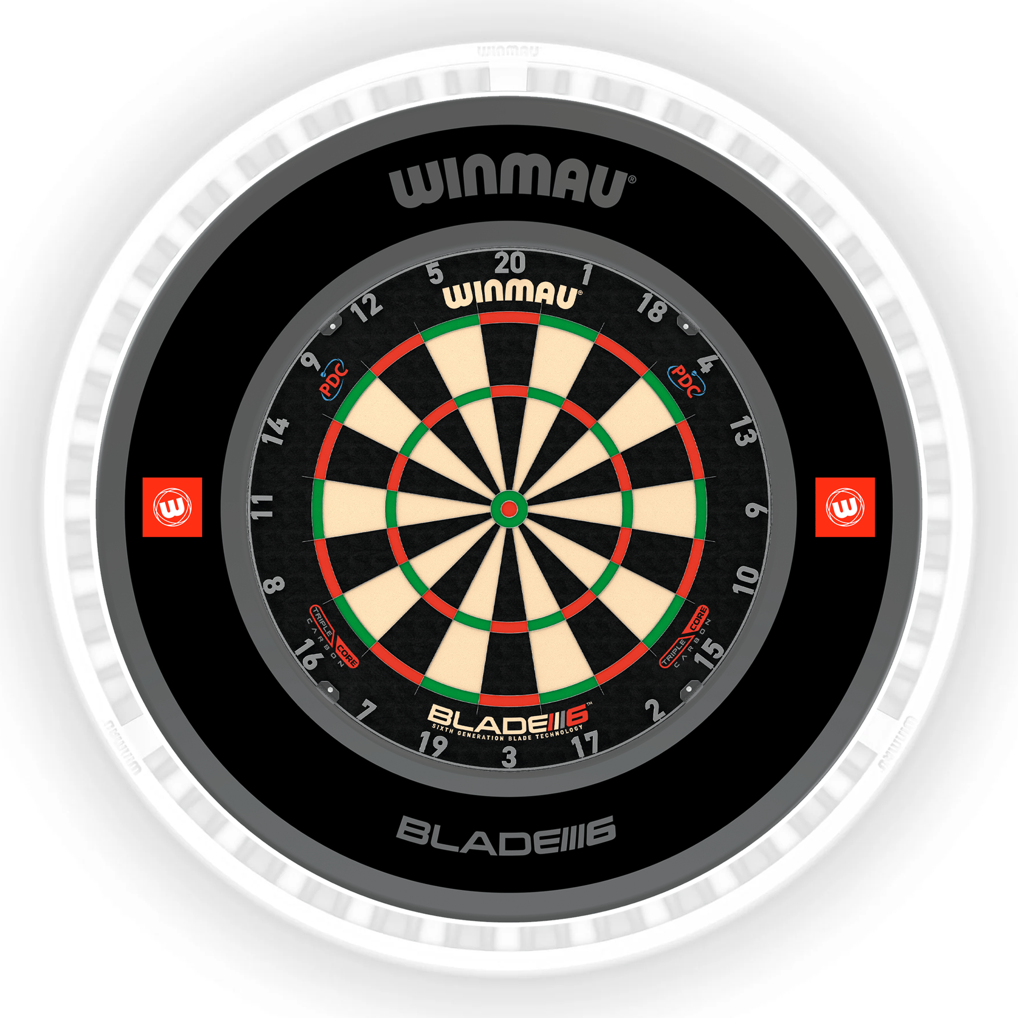 Winmau Blade 6 Dartboard, Surround & Ice White Plasma Light Bundle Blade 6 Triple Core / Pro 1.0 Black / Winmau Plasma Ice White Boards