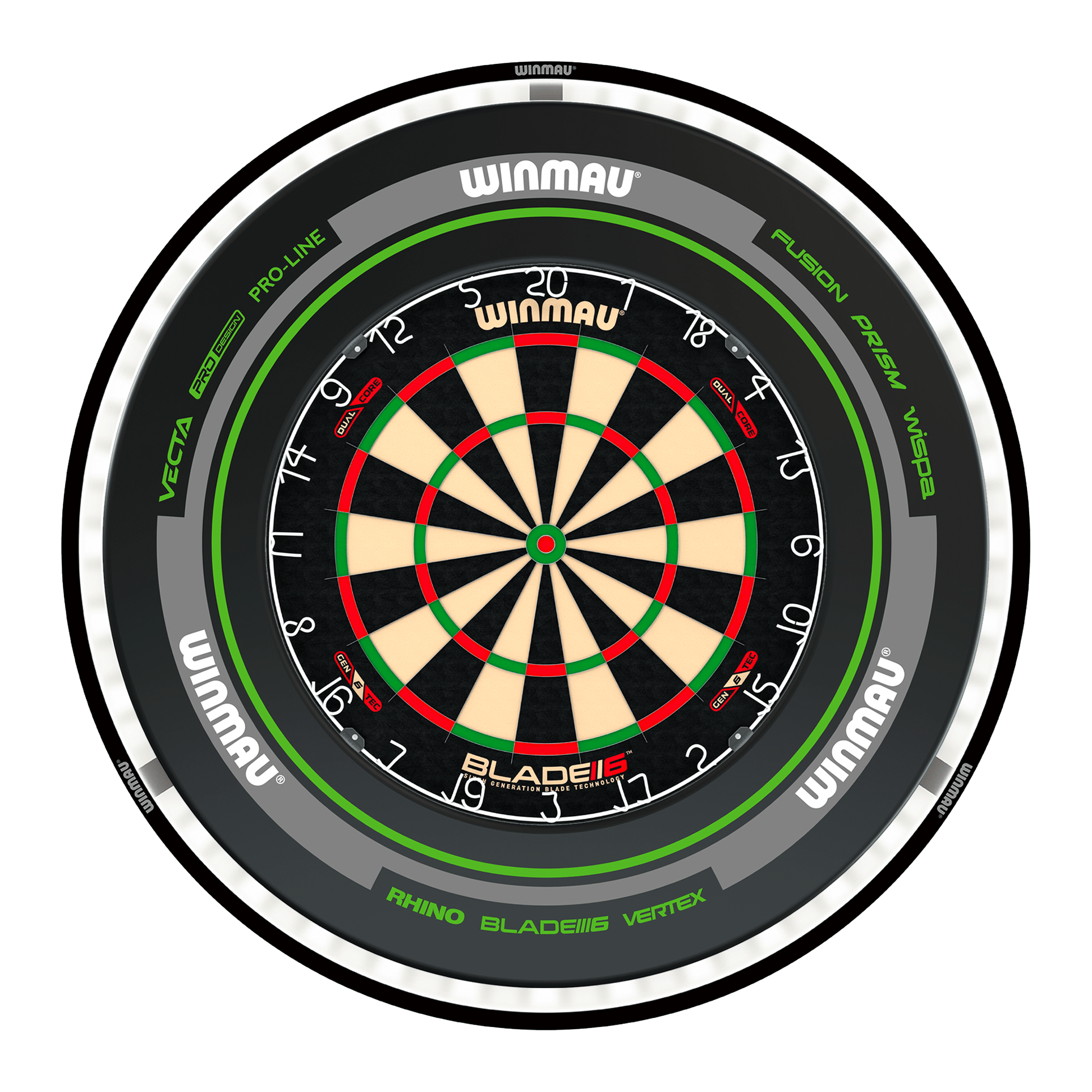 Winmau Blade 6 Dual Core Dartboard, Surround & Black Plasma Light Bundle Blade 6 Dual Core / Advance Black/Green / Winmau Plasma Black Boards