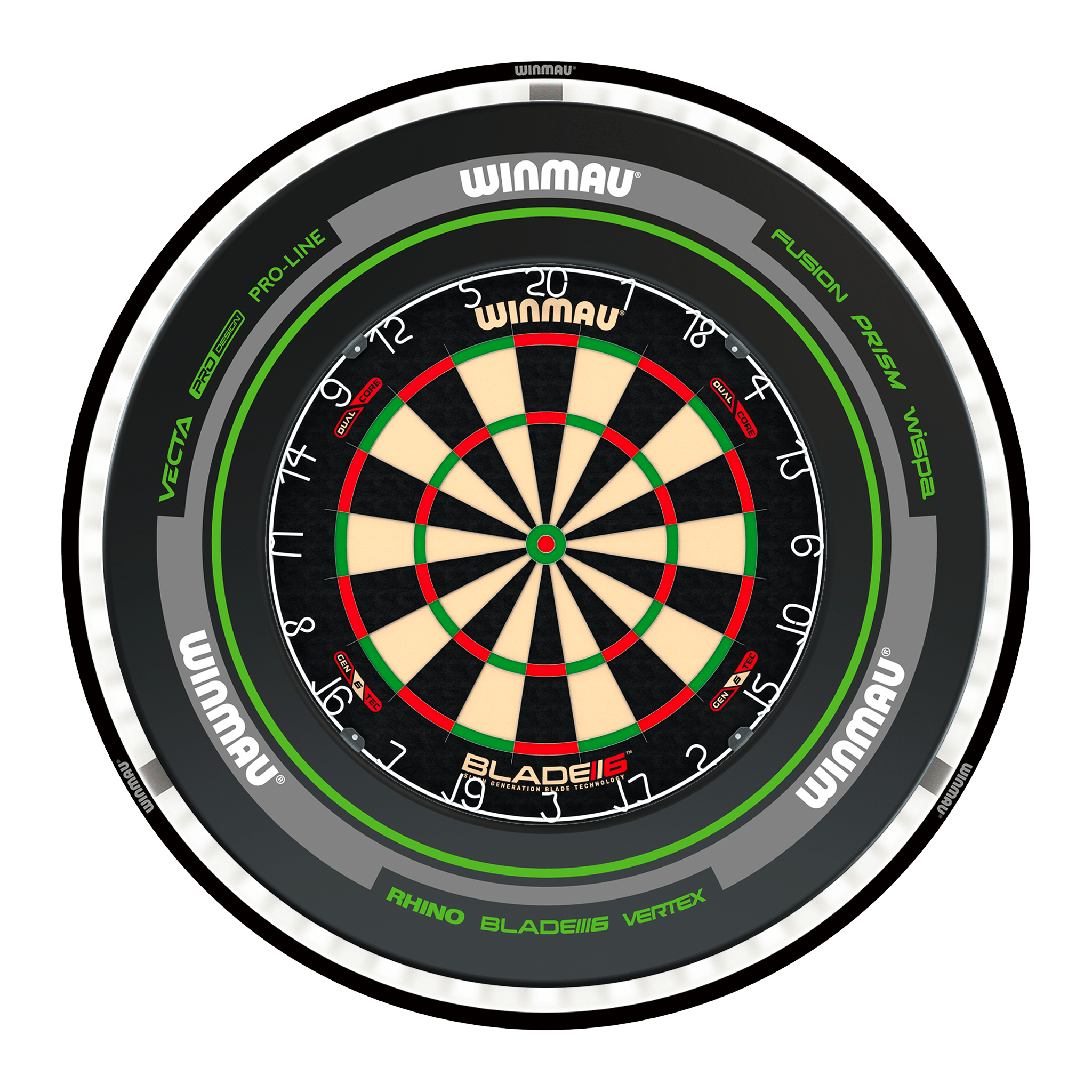Winmau Blade 6 Dual Core Dartboard, Surround & Black Plasma Light Bundle Blade 6 Dual Core / Advance Black/Green / Winmau Plasma Black Boards