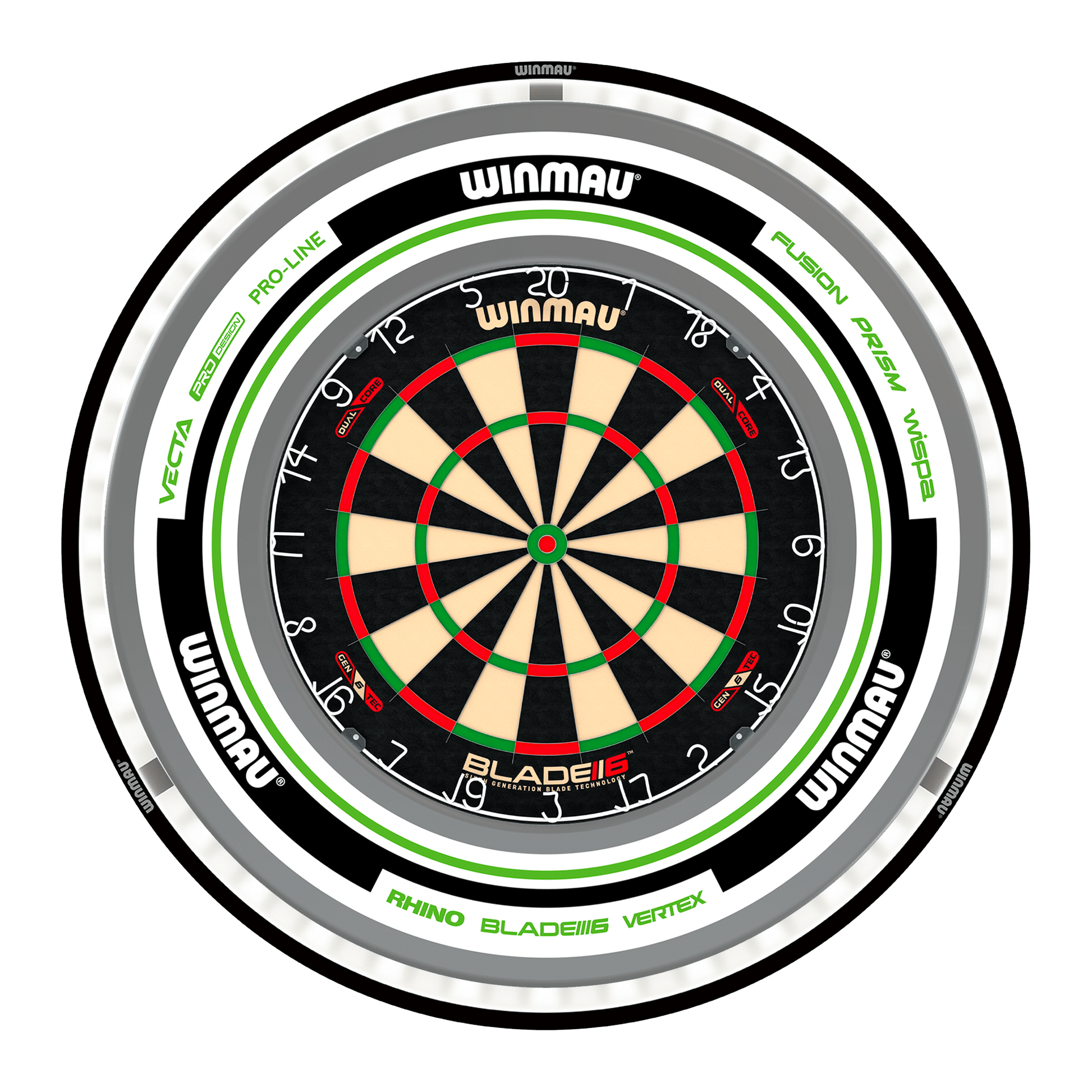 Winmau Blade 6 Dual Core Dartboard, Surround & Black Plasma Light Bundle Blade 6 Dual Core / Advance White/Green / Winmau Plasma Black Boards