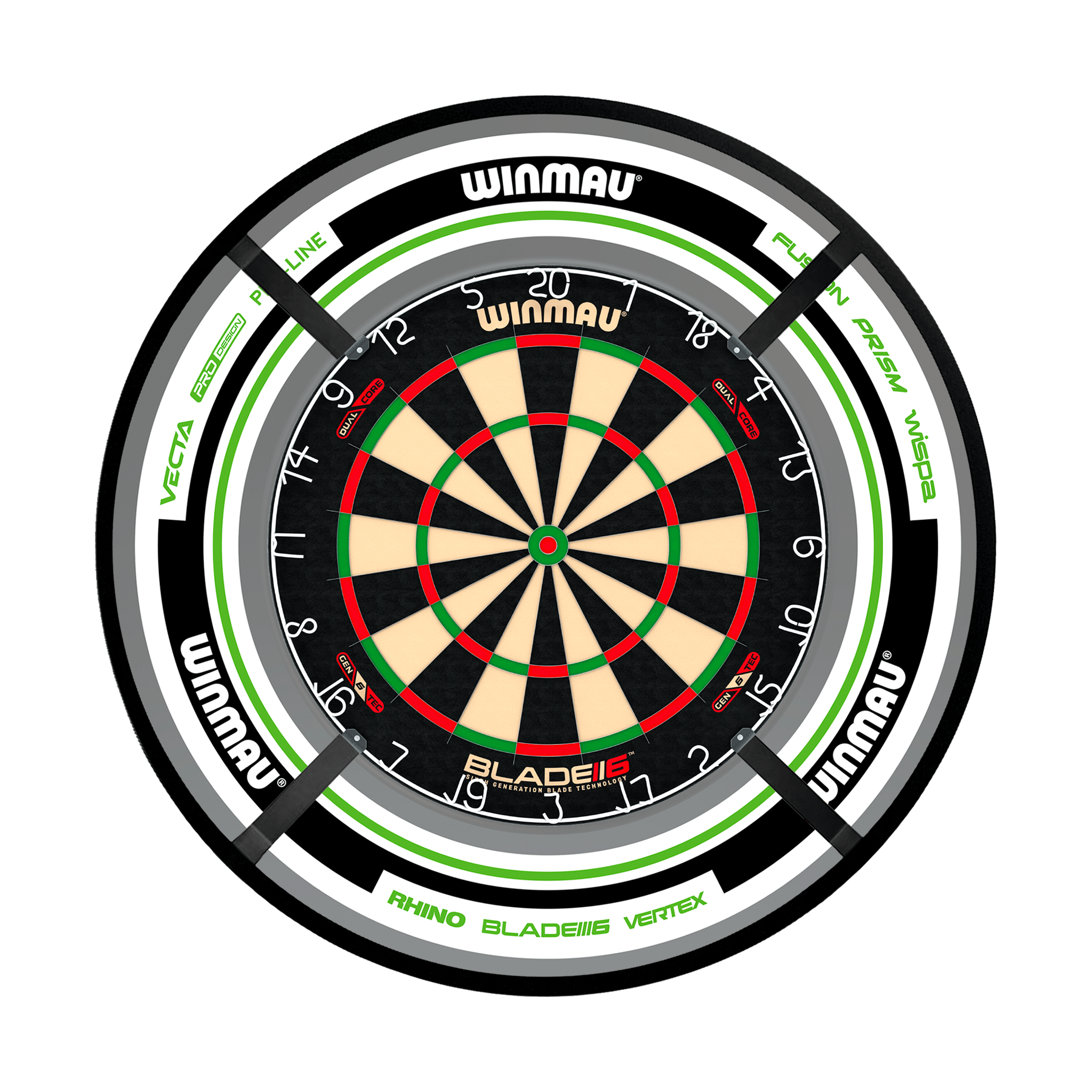 Winmau Blade 6 Dual Core Dartboard, Surround & Corona Light Bundle Blade 6 Dual Core / Advance White/Green / Target Corona Vision Boards
