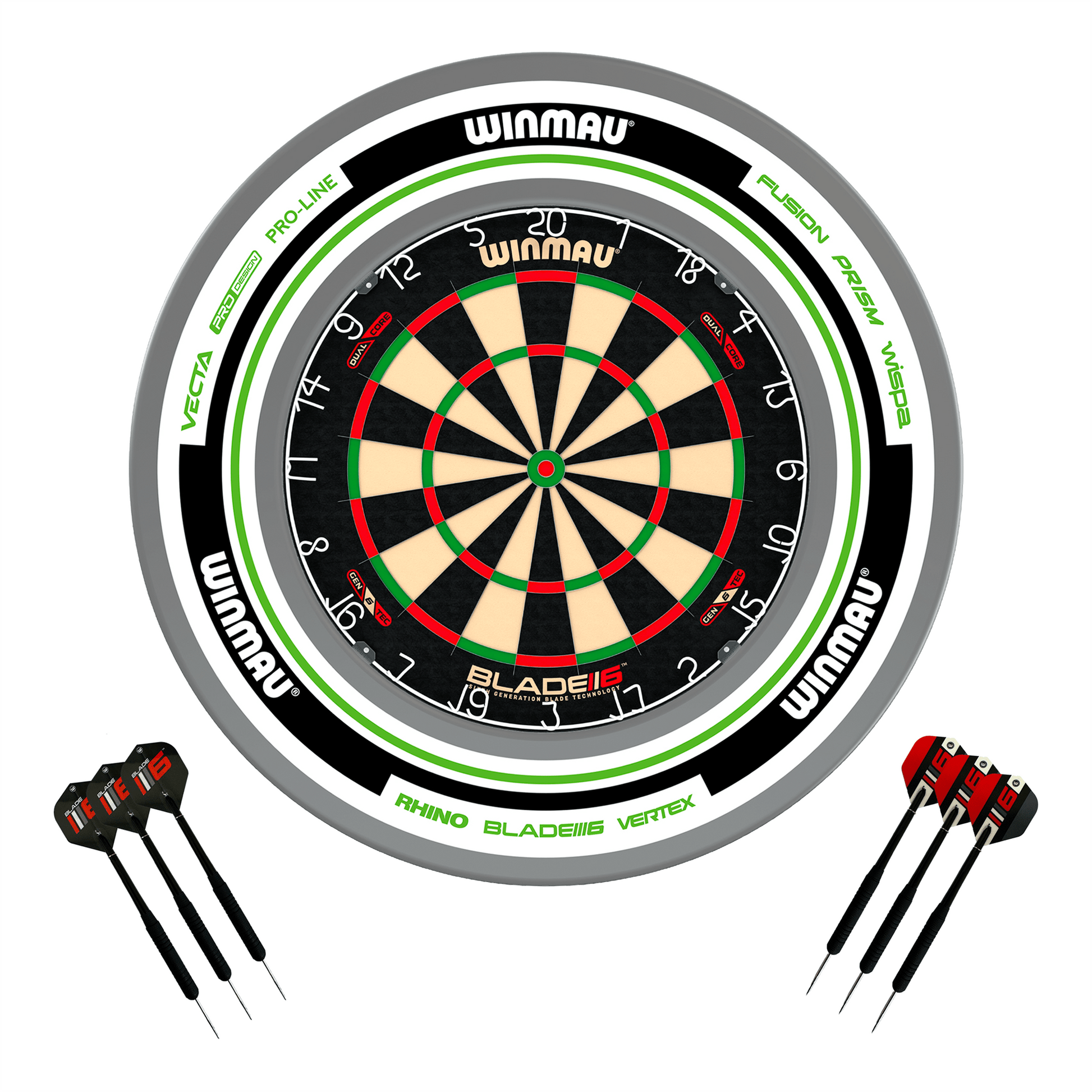 Winmau Blade 6 Dual Core Dartboard, Surround & Darts - Complete Darts Set Blade 6 Dual Core / Advance White/Green Boards