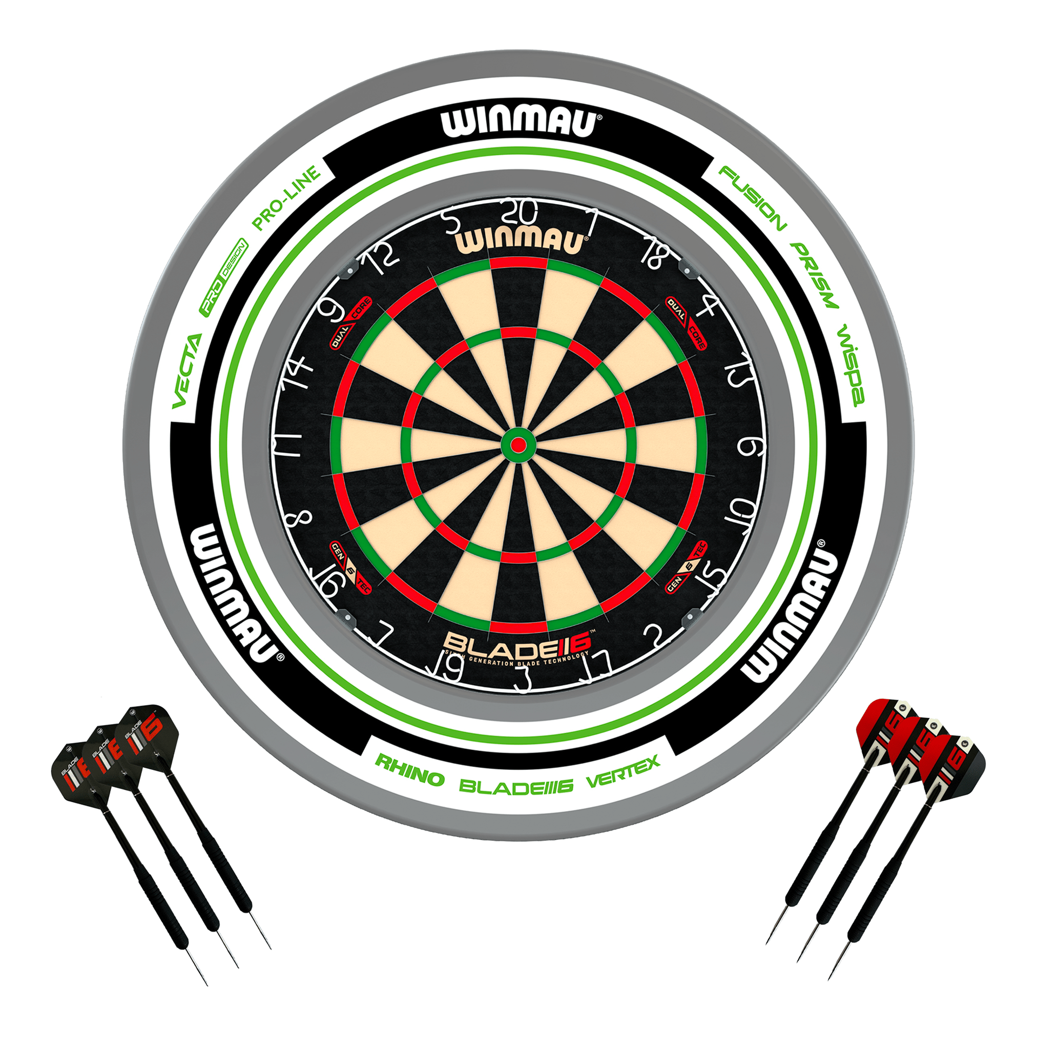 Winmau Blade 6 Dual Core Dartboard, Surround & Darts - Complete Darts Set Blade 6 Dual Core / Advance White/Green Boards