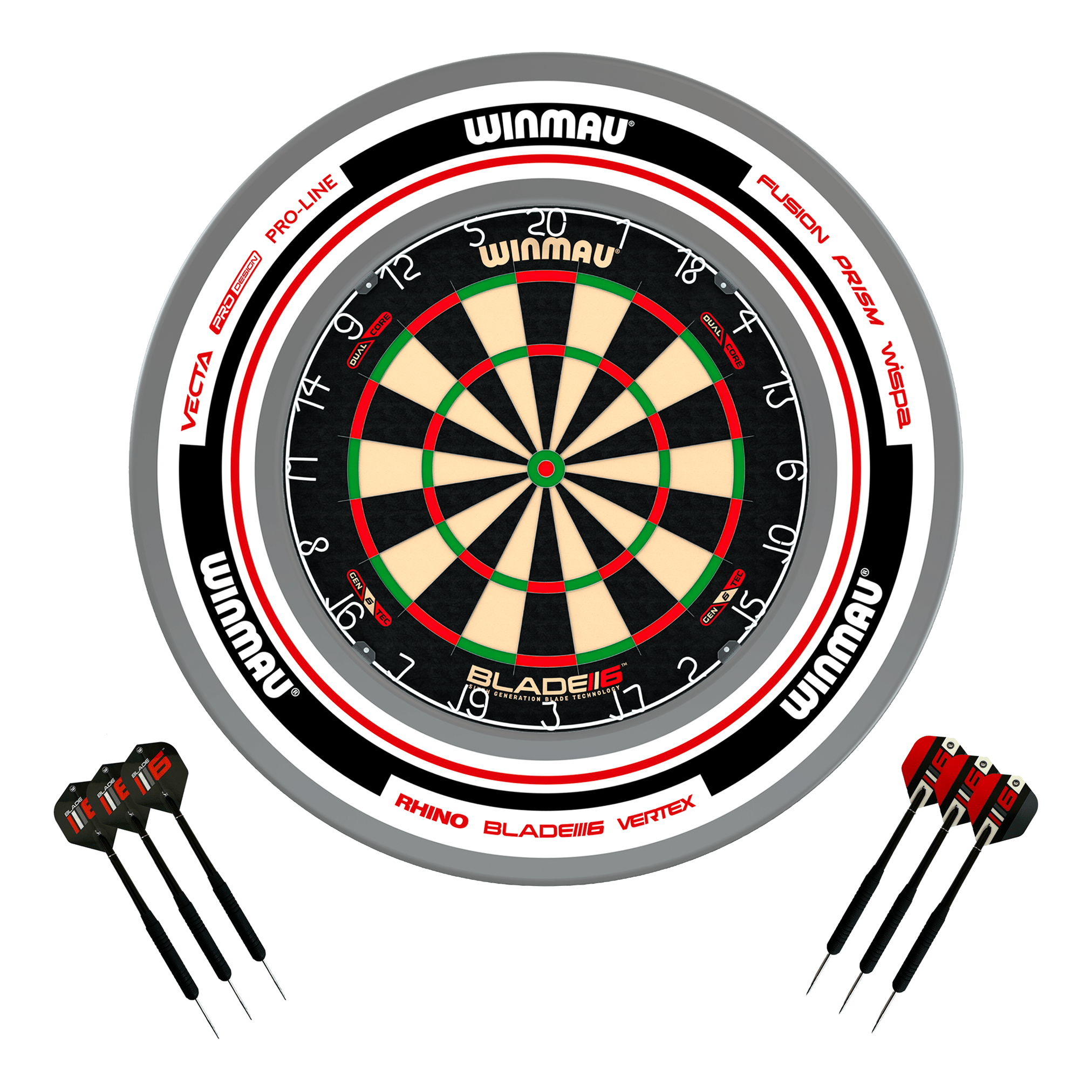 Winmau Blade 6 Dual Core Dartboard, Surround & Darts - Complete Darts Set Blade 6 Dual Core / Advance White/Red Boards