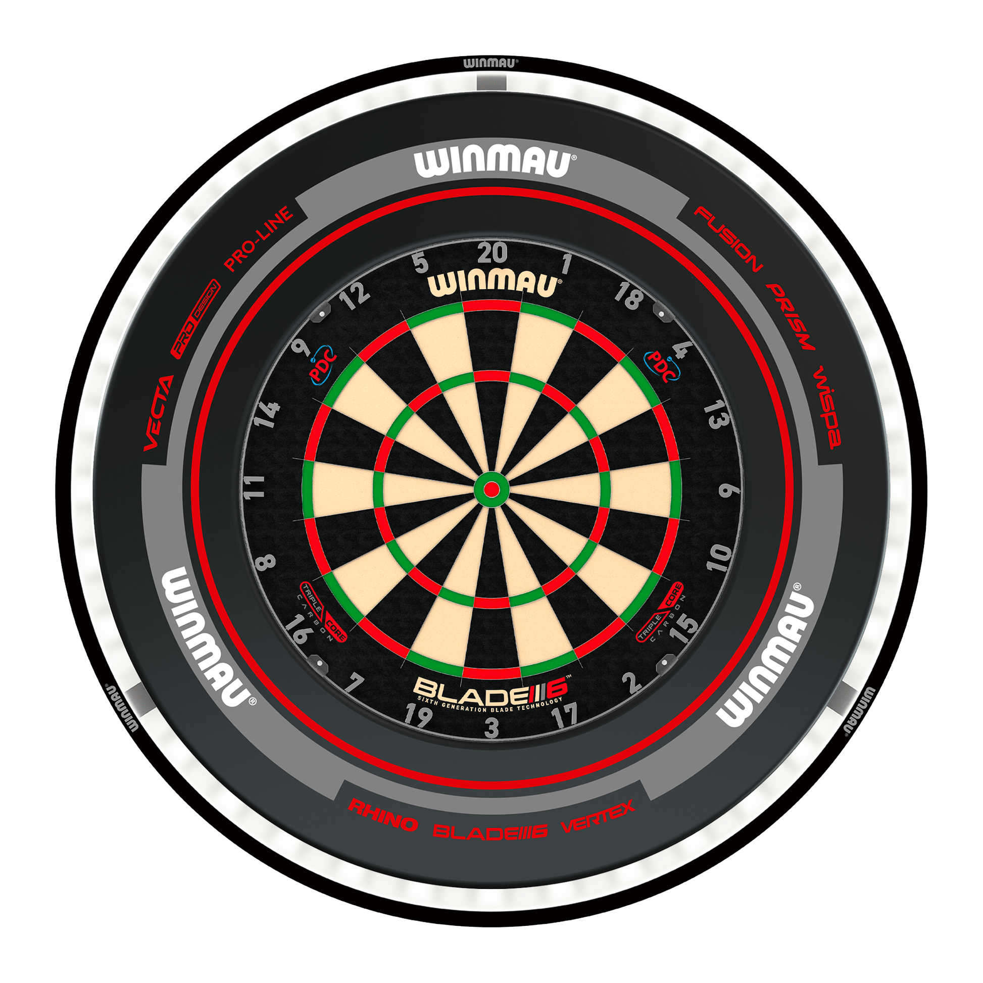 Winmau Blade 6 Triple Core Dartboard, Surround & Black Plasma Light Bundle Blade 6 Triple Core / Advance Black/Red / Winmau Plasma Black Boards