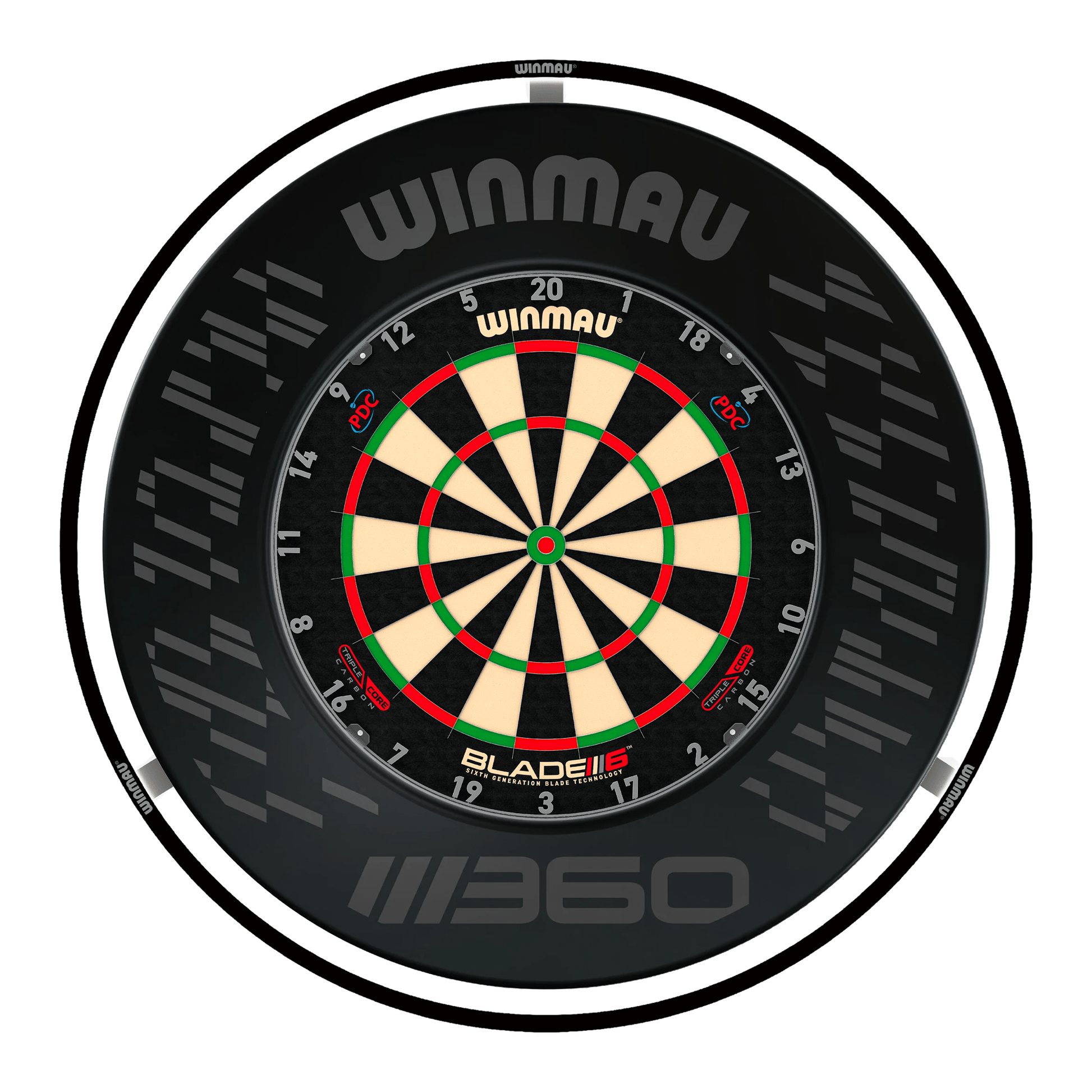 Winmau Blade 6 Triple Core Dartboard, Surround & Black Plasma Light Bundle Blade 6 Triple Core / Blade 360 / Winmau Plasma Black Boards