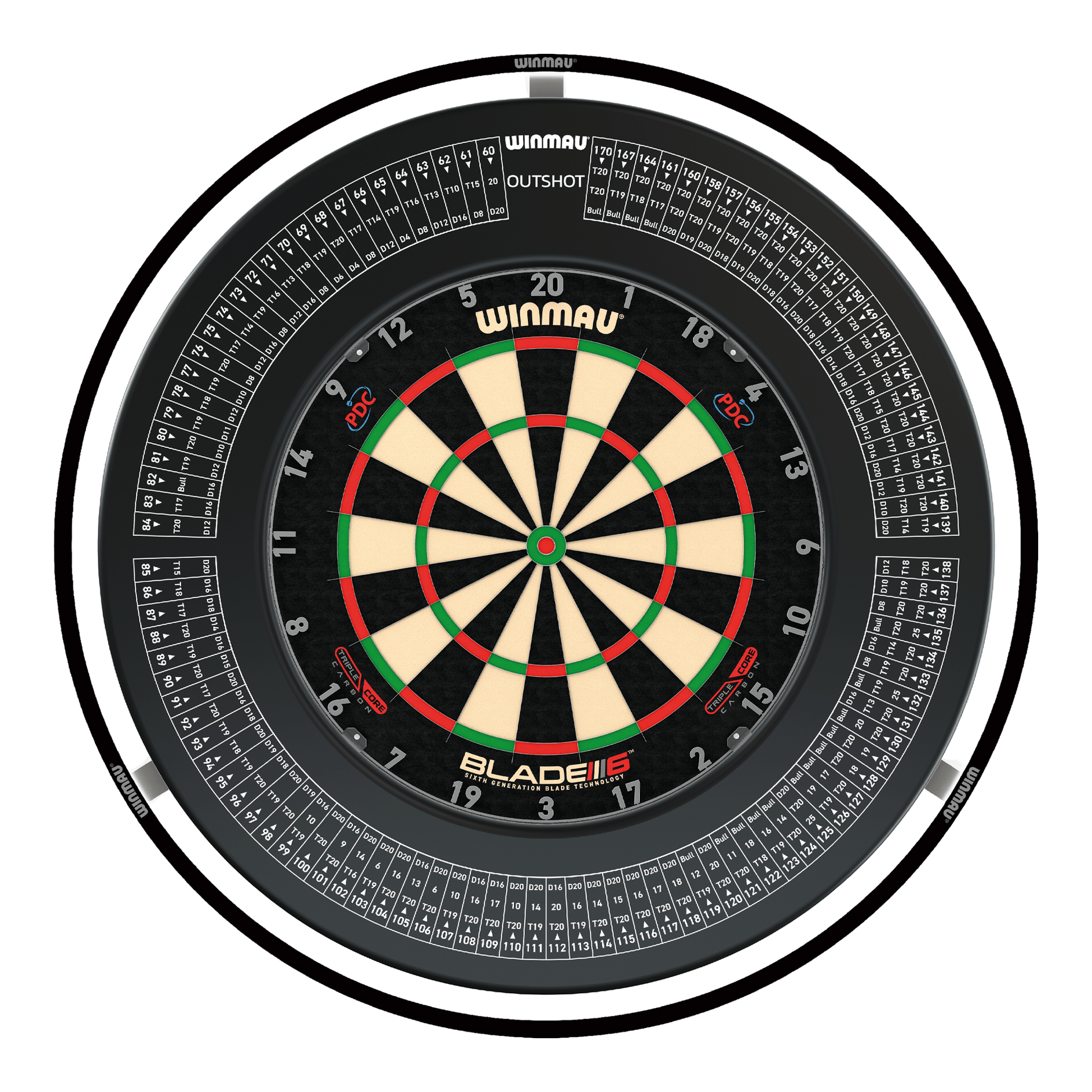 Winmau Blade 6 Triple Core Dartboard, Surround & Black Plasma Light Bundle Blade 6 Triple Core / Out Shot / Winmau Plasma Black Boards