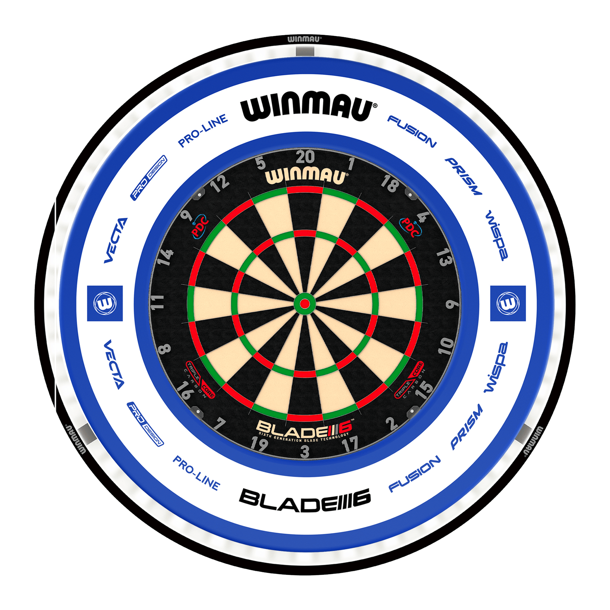 Winmau Blade 6 Triple Core Dartboard, Surround & Black Plasma Light Bundle Blade 6 Triple Core / Pro 2.0 Blue / Winmau Plasma Black Boards