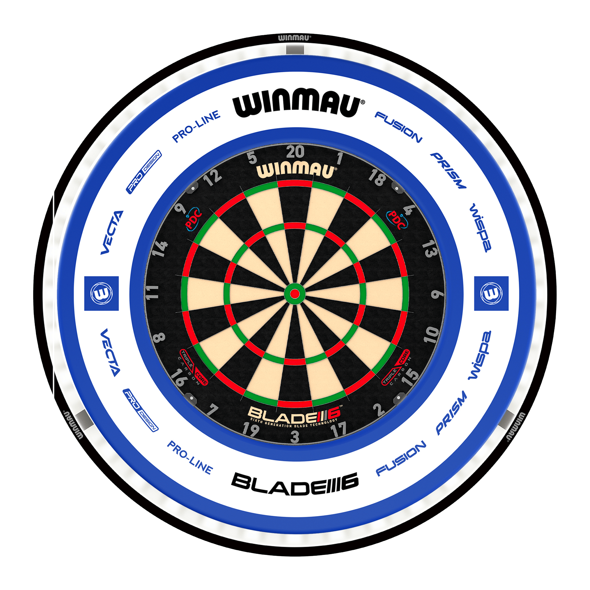 Winmau Blade 6 Triple Core Dartboard, Surround & Black Plasma Light Bundle Blade 6 Triple Core / Pro 2.0 Blue / Winmau Plasma Black Boards