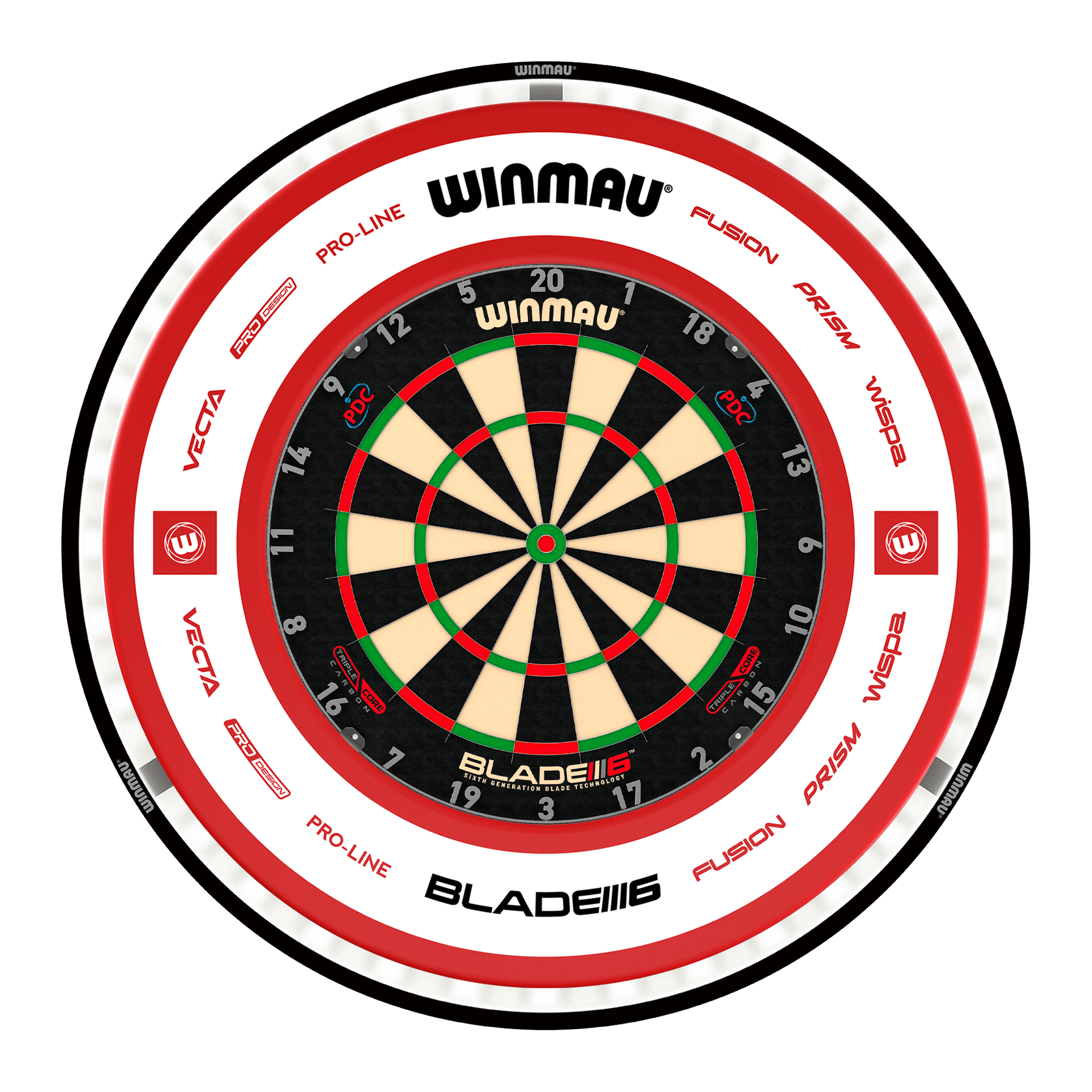 Winmau Blade 6 Triple Core Dartboard, Surround & Black Plasma Light Bundle Blade 6 Triple Core / Pro 2.0 Red / Winmau Plasma Black Boards