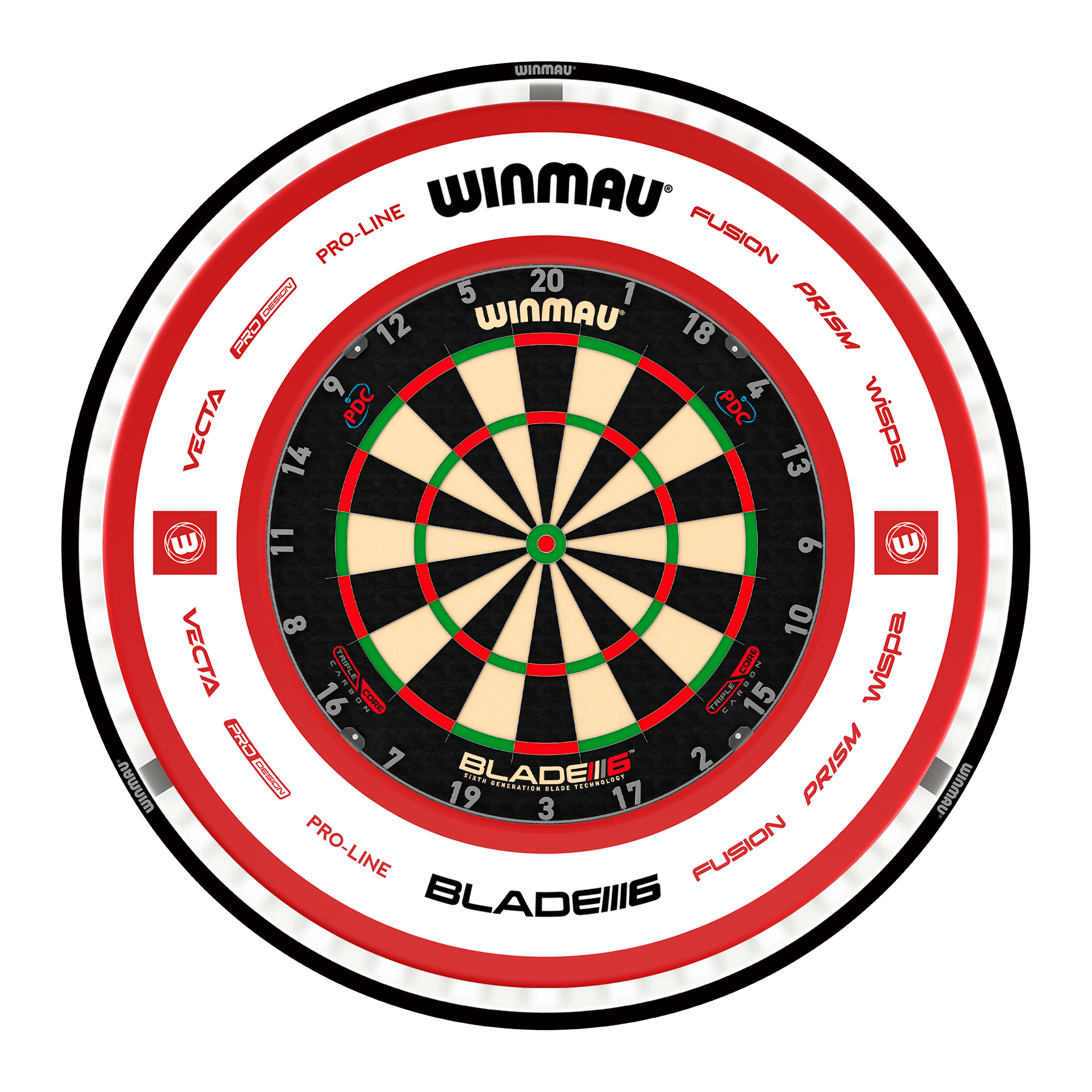 Winmau Blade 6 Triple Core Dartboard, Surround & Black Plasma Light Bundle Blade 6 Triple Core / Pro 2.0 Red / Winmau Plasma Black Boards