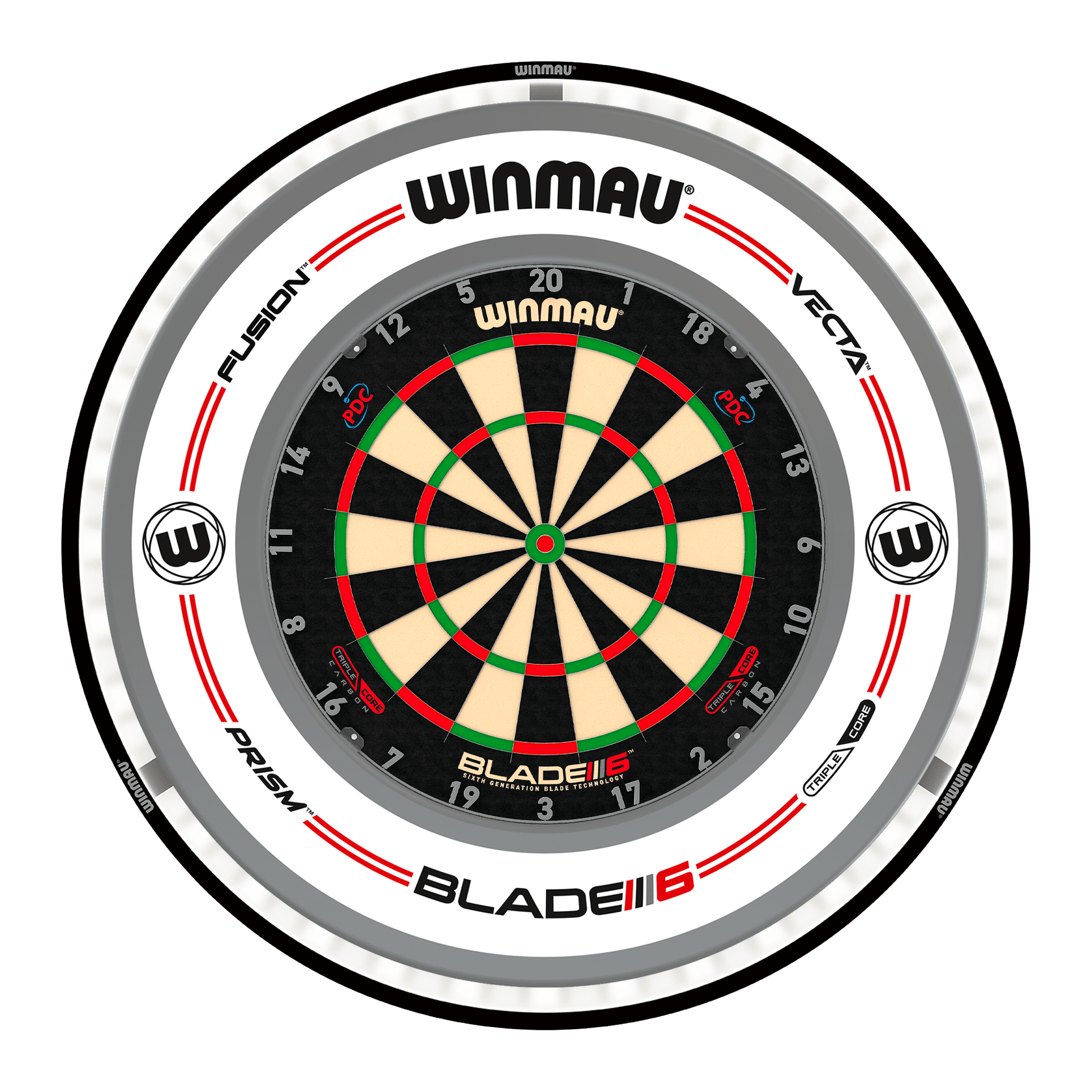 Winmau Blade 6 Triple Core Dartboard, Surround & Black Plasma Light Bundle Blade 6 Triple Core / Pro-Line White / Winmau Plasma Black Boards