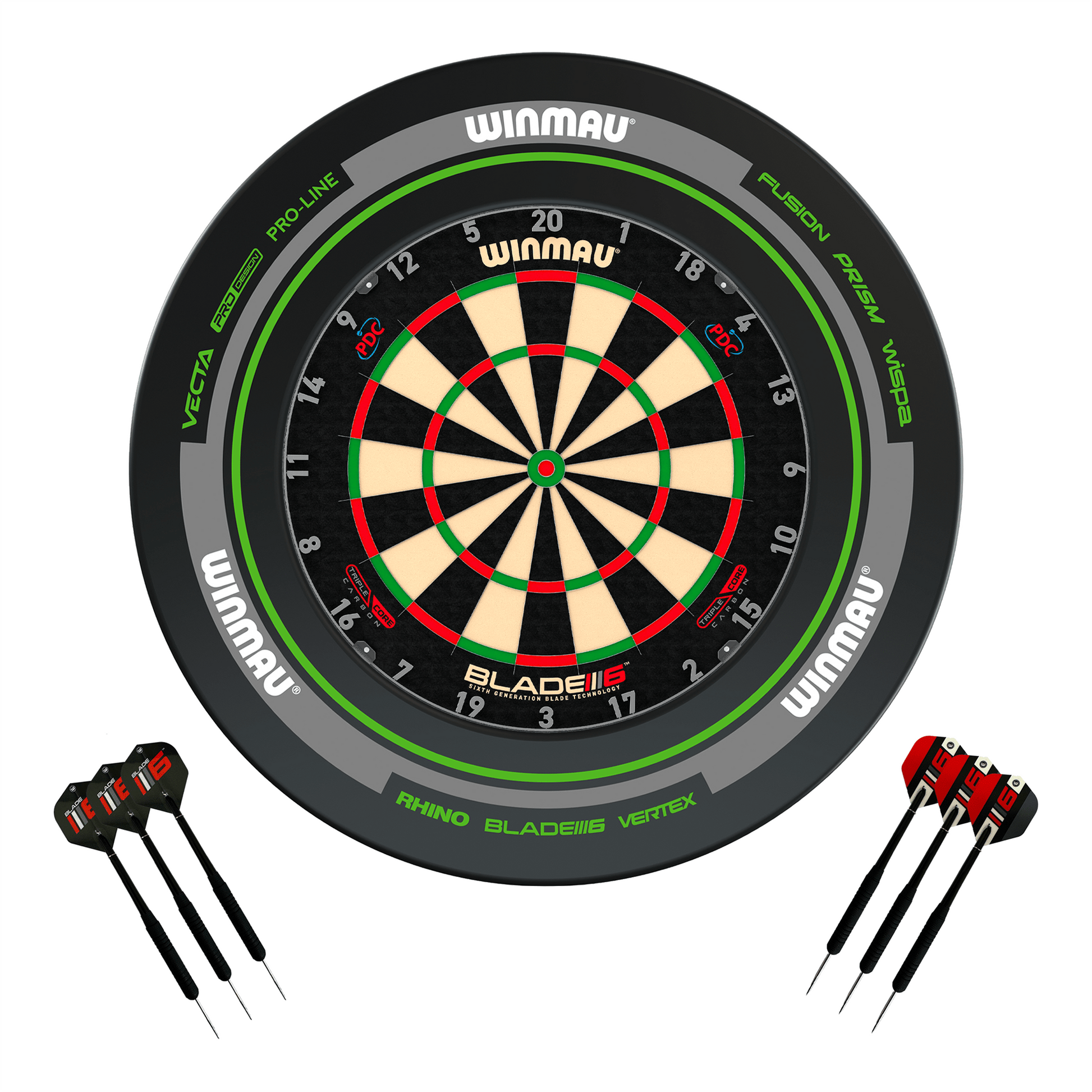 Winmau Blade 6 Triple Core Dartboard, Surround & Darts - Complete Darts Set Blade 6 Triple Core / Advance Black/Green Boards
