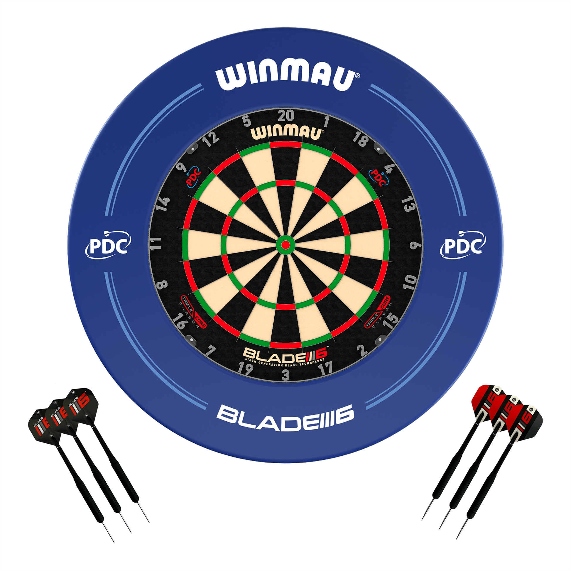 Winmau Blade 6 Triple Core Dartboard, Surround & Darts - Complete Darts Set Blade 6 Triple Core / PDC Blue Boards