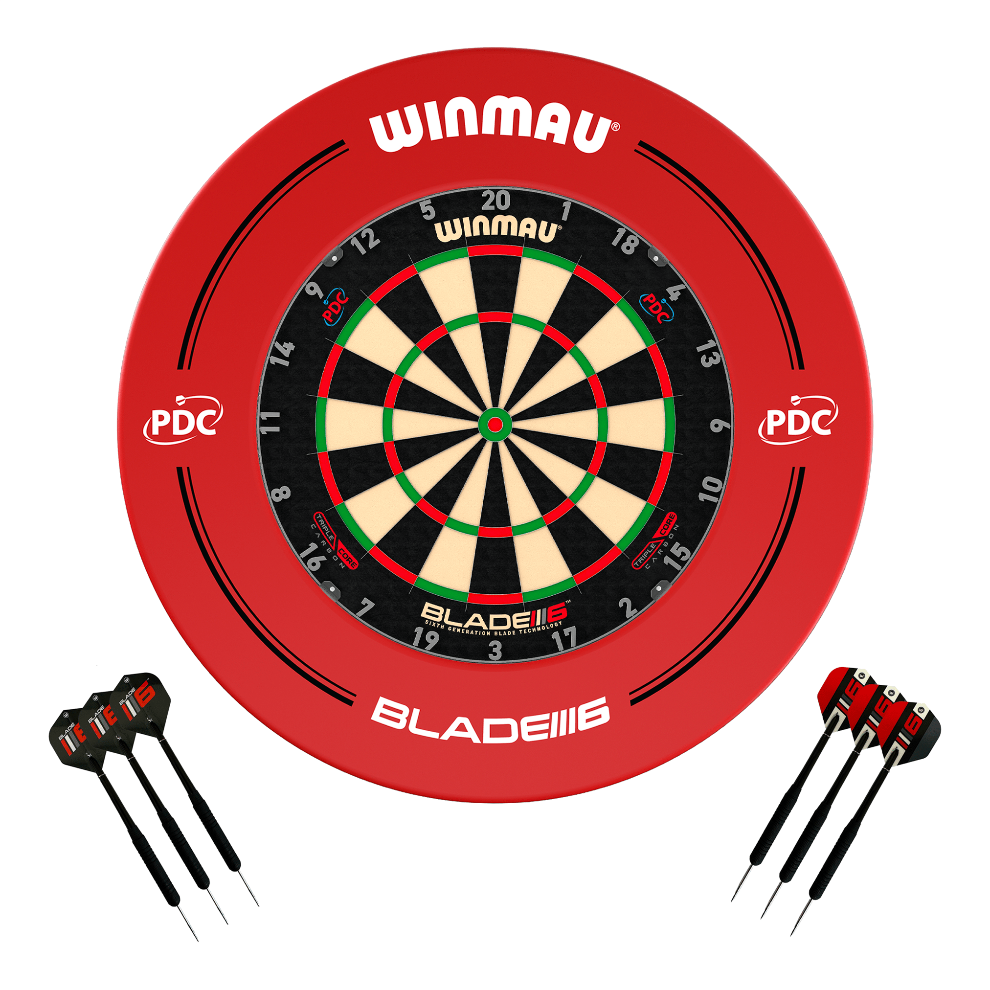 Winmau Blade 6 Triple Core Dartboard, Surround & Darts - Complete Darts Set Blade 6 Triple Core / PDC Red Boards