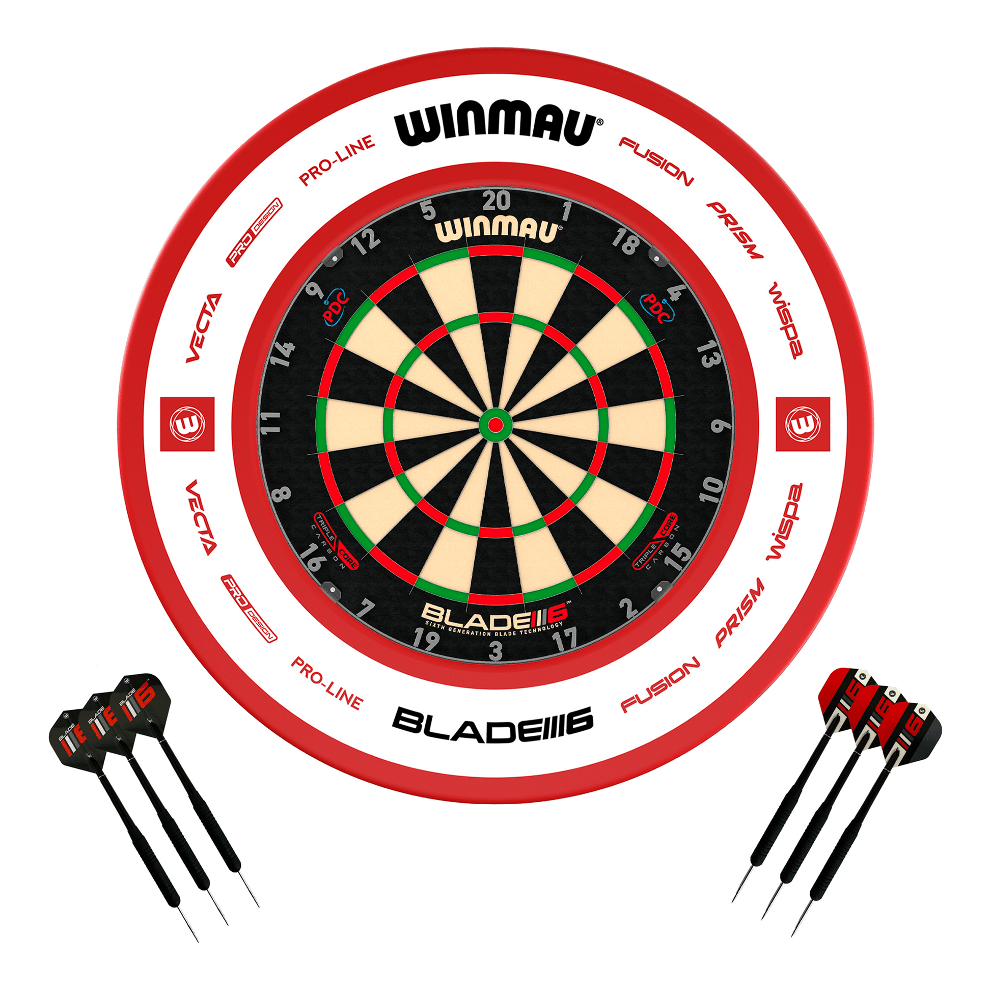Winmau Blade 6 Triple Core Dartboard, Surround & Darts - Complete Darts Set Blade 6 Triple Core / Pro 2.0 Red Boards