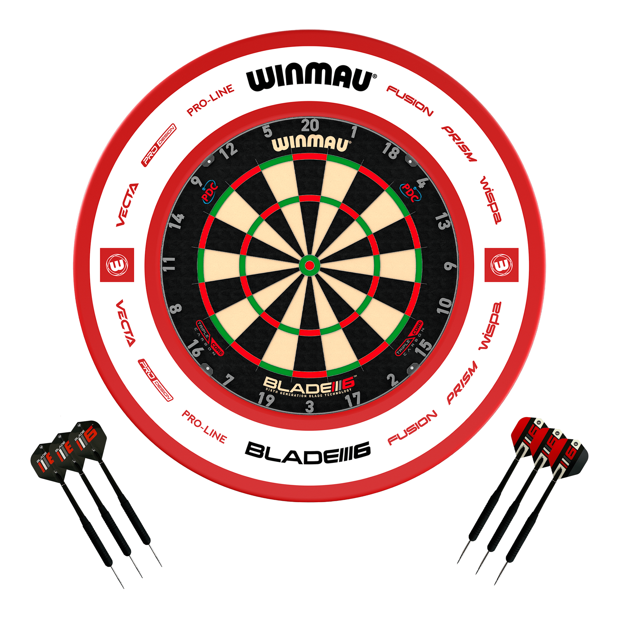 Winmau Blade 6 Triple Core Dartboard, Surround & Darts - Complete Darts Set Blade 6 Triple Core / Pro 2.0 Red Boards