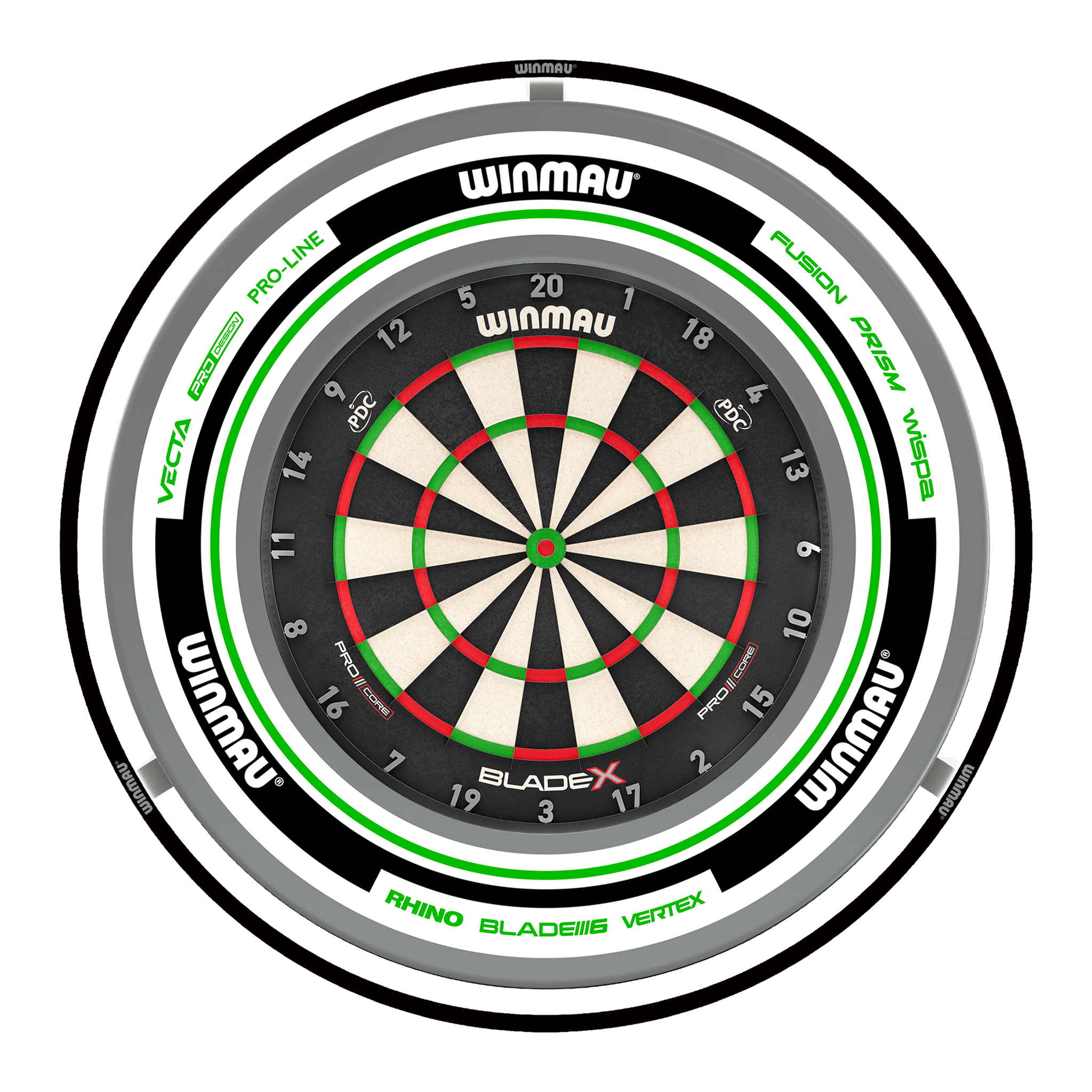 Winmau Blade X Dartboard, Surround & Black Plasma Light Bundle Blade X / Advance White/Green / Winmau Plasma Black Boards