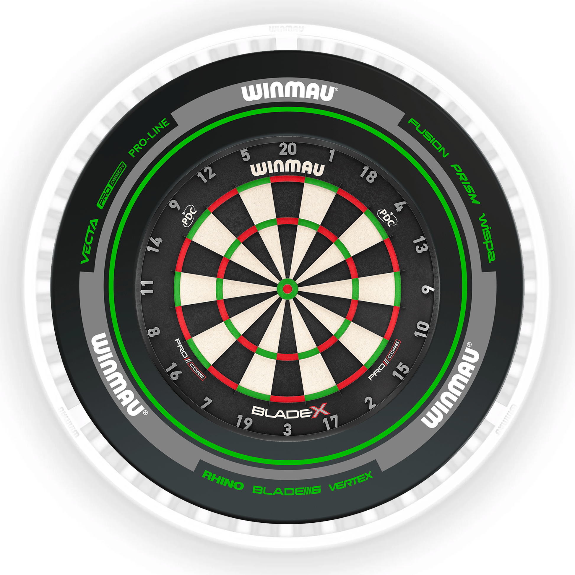 Winmau Blade X Dartboard, Surround & Ice White Plasma Light Bundle BladeX / Advance Black/Green / Winmau Plasma Ice White Boards