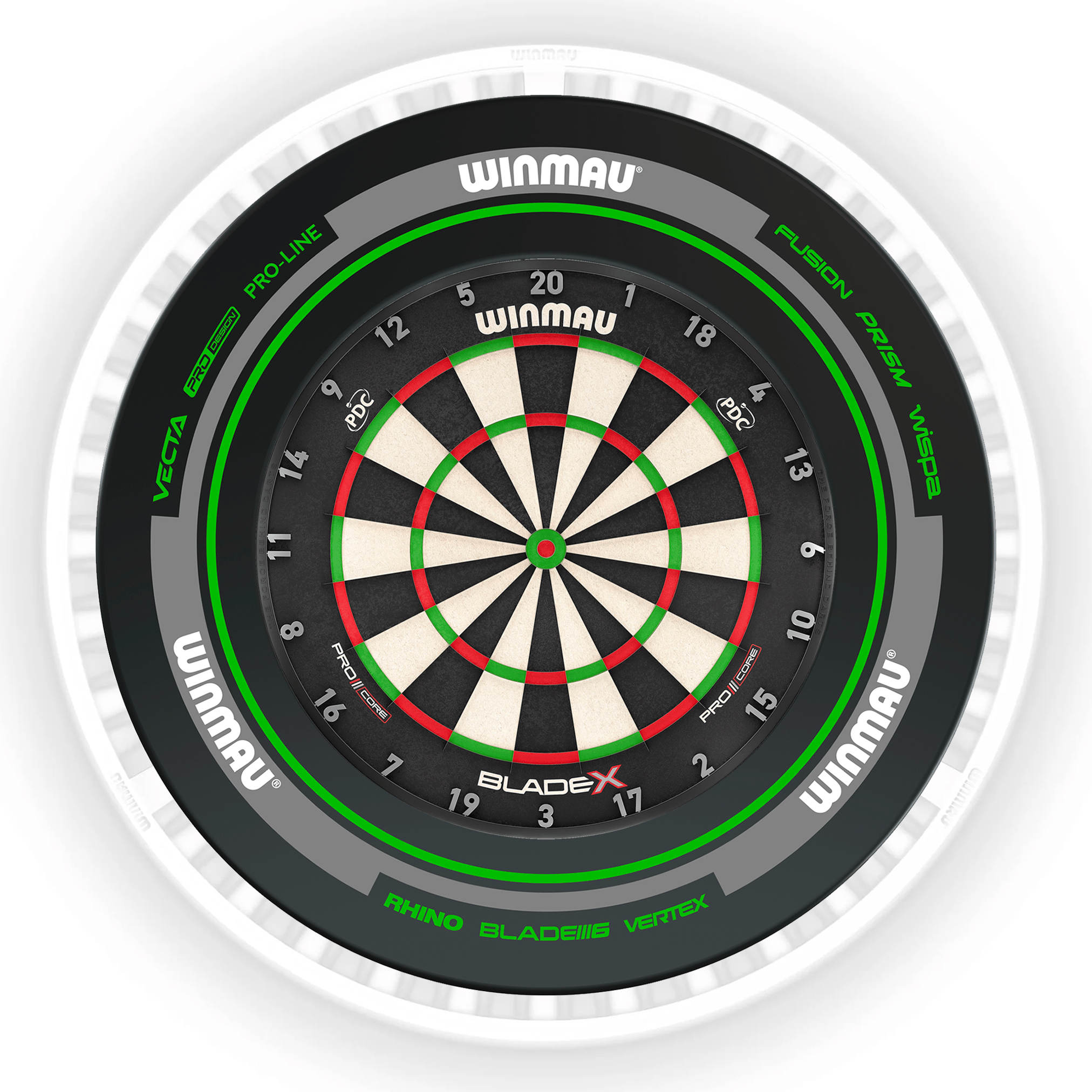 Winmau Blade X Dartboard, Surround & Ice White Plasma Light Bundle BladeX / Advance Black/Green / Winmau Plasma Ice White Boards