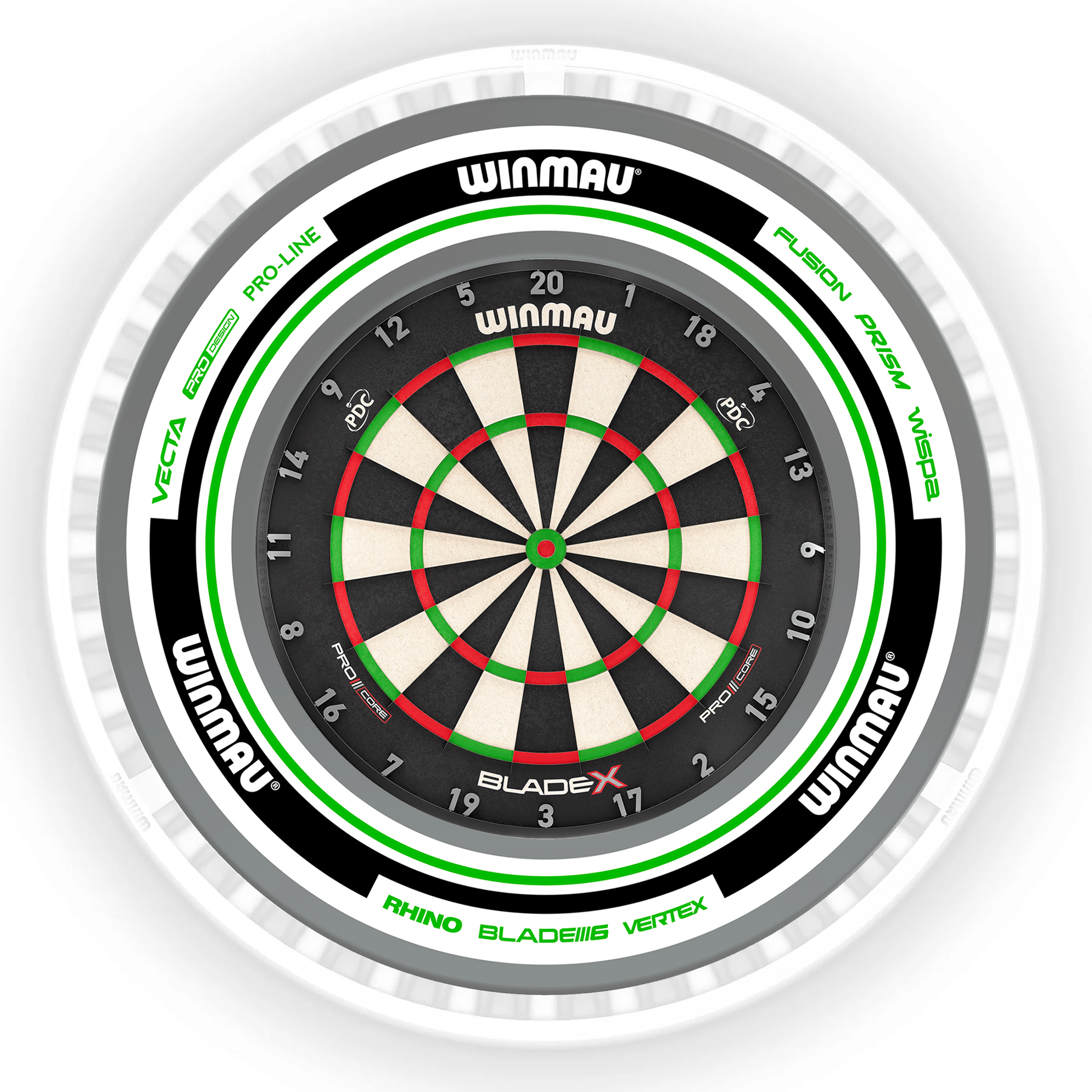 Winmau Blade X Dartboard, Surround & Ice White Plasma Light Bundle BladeX / Advance White/Green / Winmau Plasma Ice White Boards
