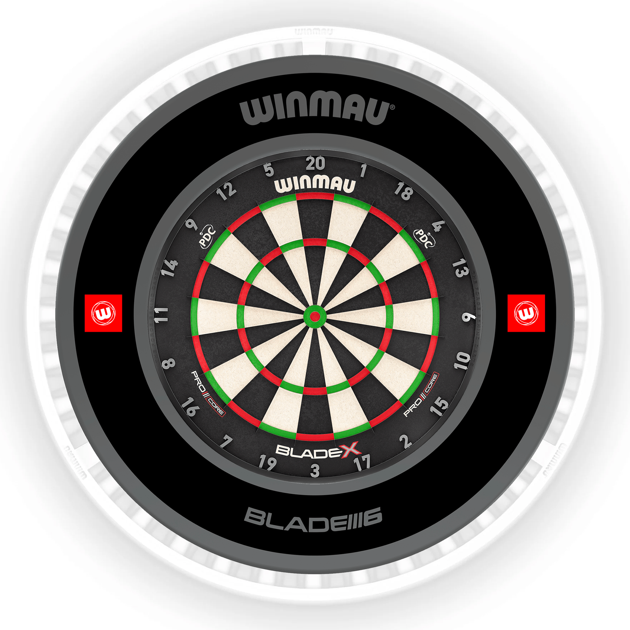 Winmau Blade X Dartboard, Surround & Ice White Plasma Light Bundle BladeX / Pro 1.0 Black / Winmau Plasma Ice White Boards